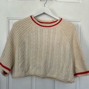 Cream Cable Knit Short-Sleeve Sweater with Red Stripe Trim